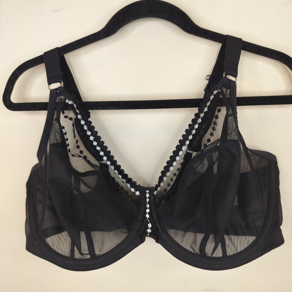 Elomi Matilda Sheer Plunge Bra 38I Mesh Polka Dot Lace Sexy Black